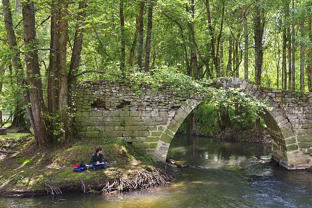 Medieval stone bridge of Isle Auger (Improperly called Pont Romain), Chambourg-sur-Indre, near Loches in Touraine, department of Indre-et-Loire, Centre-Val de Loire region, France, Europe