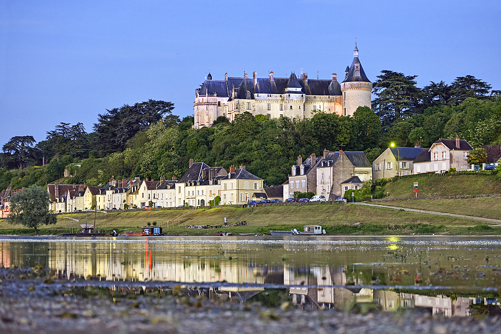 Chateau overlooking the Loire River at dusk, Domain of Chaumont-sur-Loire, Loir-et-Cher department, Centre-Val de Loire region, France, Europe