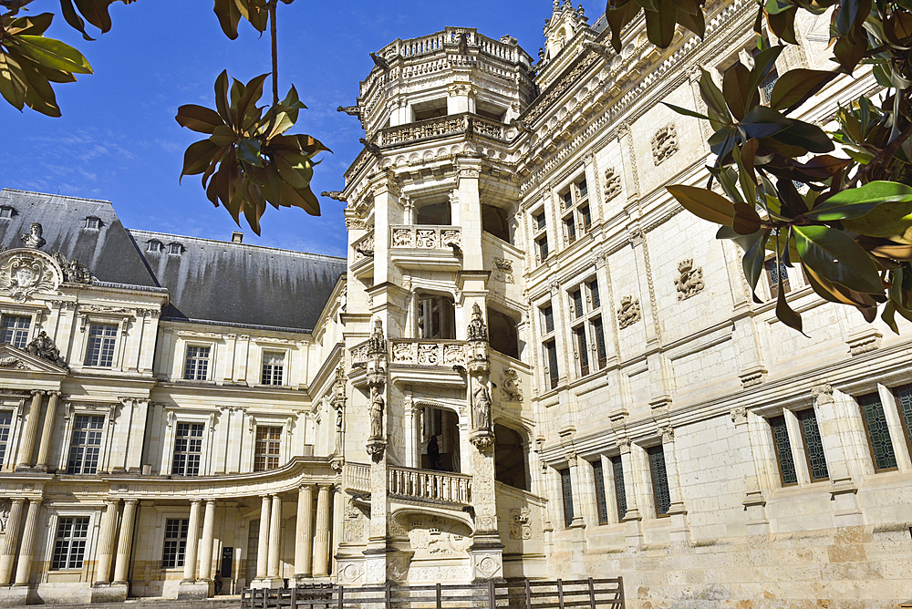 Renaissance style monumental spiral staircase in the Francois I wing of the Royal Chateau de Blois, Loir-et-Cher department, Centre-Val de Loire region, France, Europe