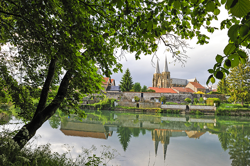 Abbey church seen from the Meuse River bank,Mouzon,Ardennes department,Champagne-Ardenne region of northeasthern France,Europe
