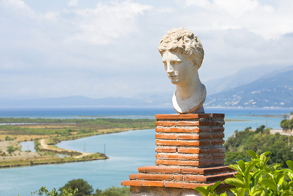 Copy of the head of the Goddess of Butrint in the precinct of the Acropolis of the Archaeological site of Butrint, Butrint National Park, UNESCO World Heritage Site, near Saranda, on the Ionian coast, Albania, Europe