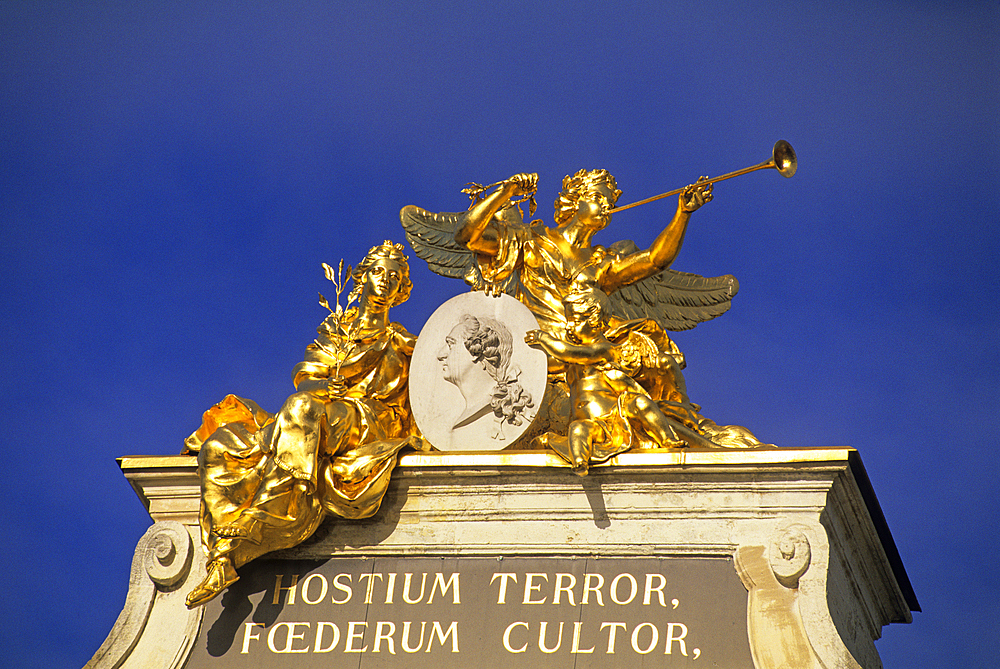 Acroterion with three gilded statues and a medaillion of Louis XV,Triumphal Arch by Here,Place Stanislas,Nancy,Meurthe-et-Moselle department,Lorraine region,France,Europe