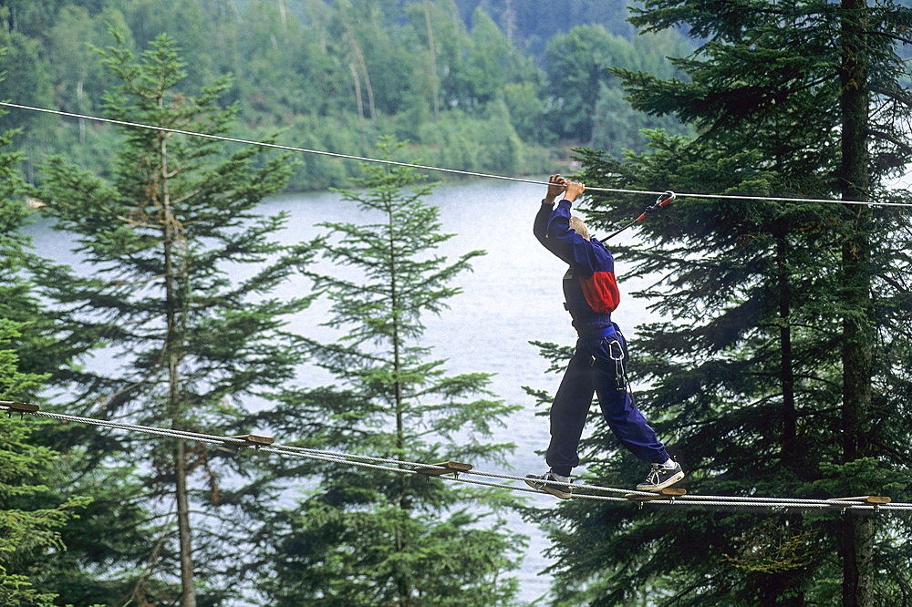 Tree climbing on the lakeshore of Pierre-Percee,Meurthe-et-Moselle department,Lorraine region,France,Europe
