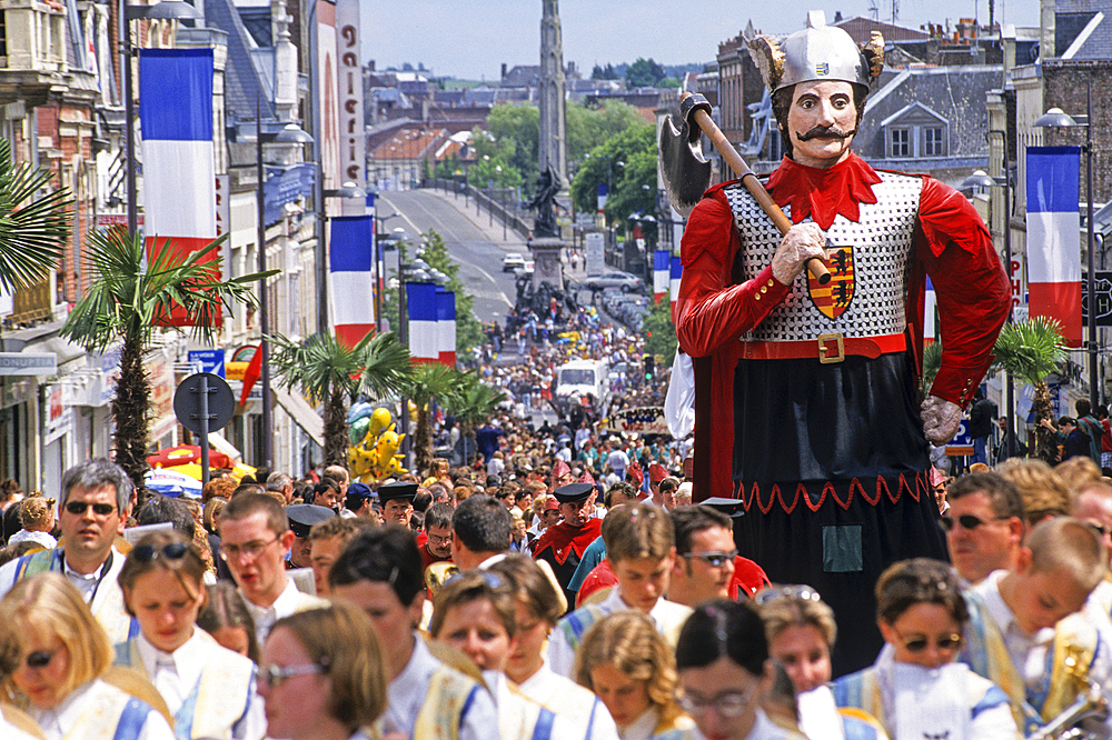 Giants parade, 'Fetes du Bouffon' (Buffoon Festival) at Saint-Quentin, Aisne department, Picardy region, northern France, Europe