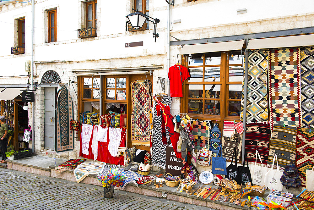 Tourist shop front in Gjirokaster (Gjirokastra), Municipality of Southern Albania, UNESCO World Heritage Site, Albania, Europe