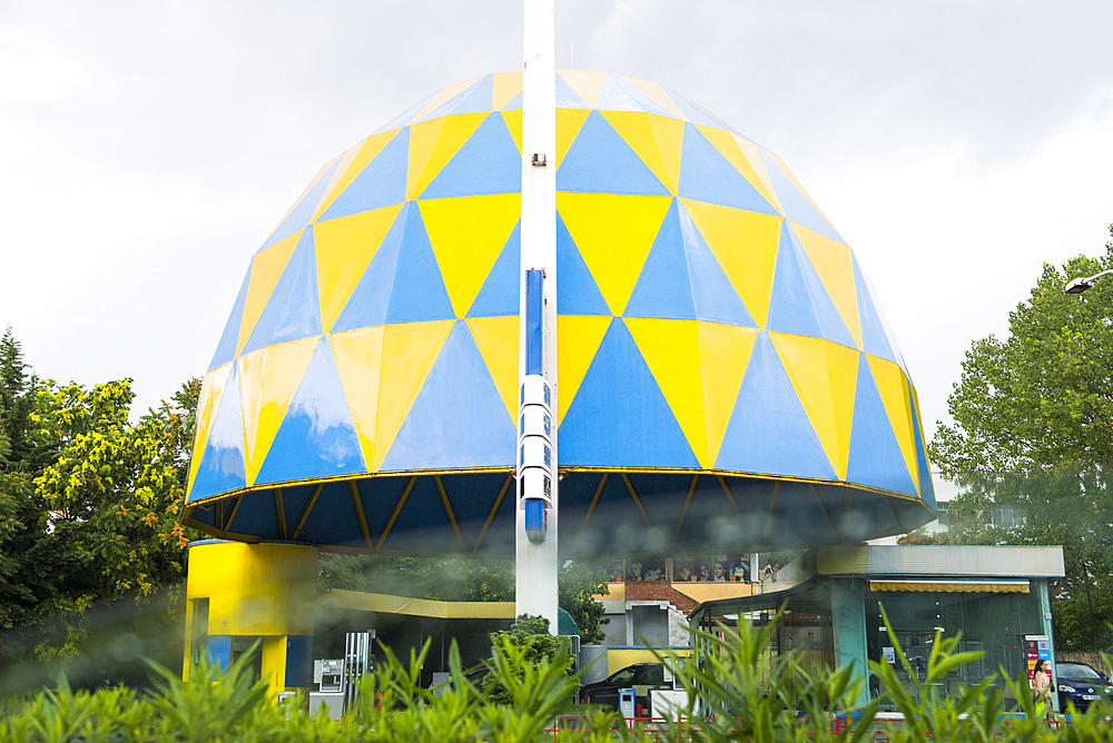 Gas station seen from inside a vehicle on the highway approaching Tirana, Albania, Europe