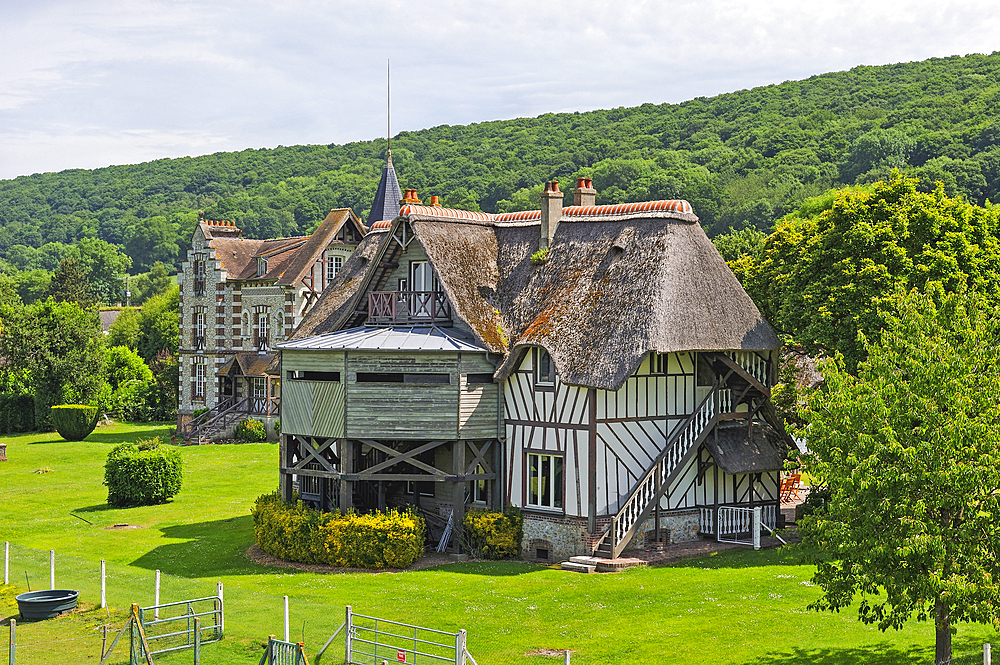 Mansions by the 'La Grand-Mare' pond, Marais Vernier, Boucles de la Seine normande Regional Nature Park, Eure department, Normandy region, France, Europe