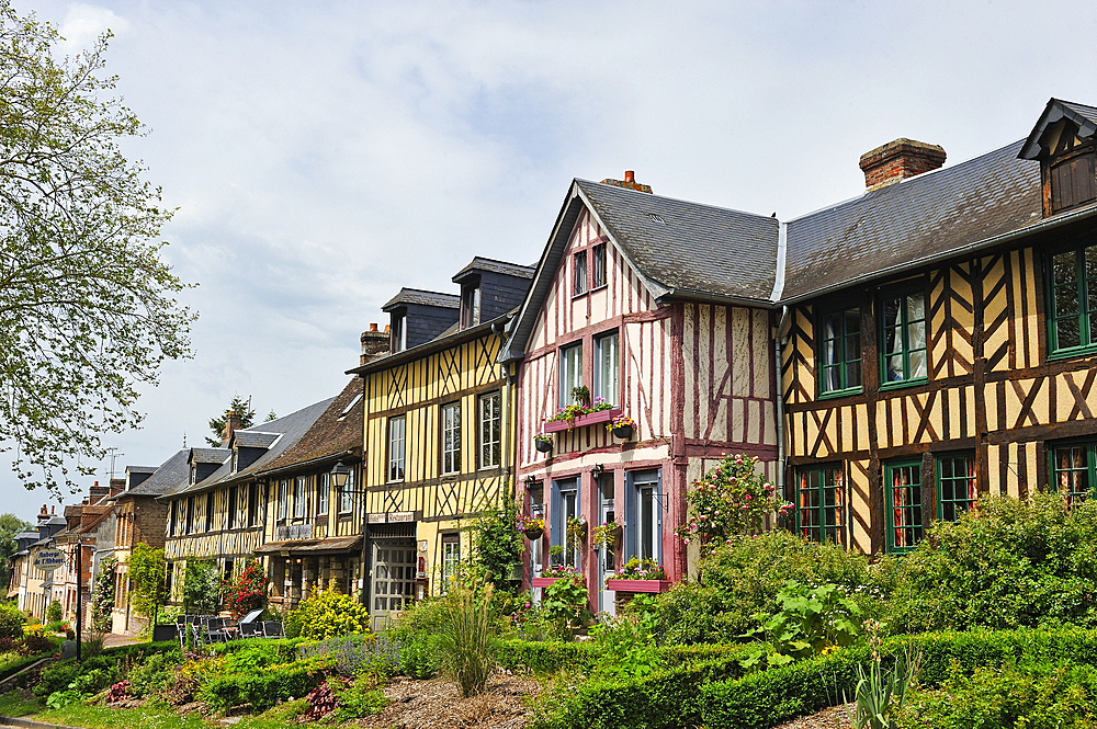 Half-timbered houses along the main street of Bec-Hellouin, labelled Les Plus Beaux Villages de France, Eure department, Normandie region, France, Europe
