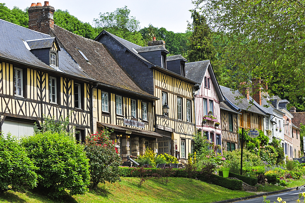 Half-timbered houses along the main street of Bec-Hellouin, labelled Les Plus Beaux Villages de France, Eure department, Normandie region, France, Europe