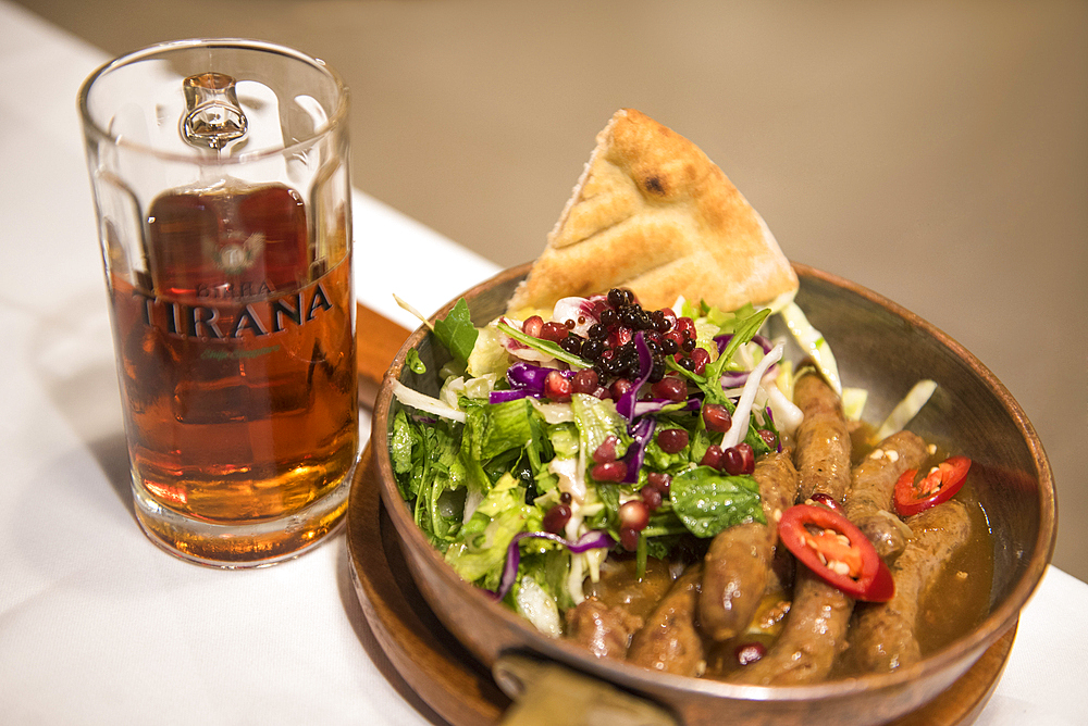 Typical dish and Tirana beer, Tirana, Albania, Europe