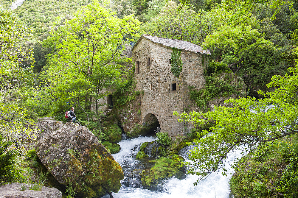 Ancient Water Mill of La Foux,Gorges of the Vis River, located towards the southern edge of the Massif Central mountain range,Gard and Herault departments,Languedoc-Roussillon region,France,Europe