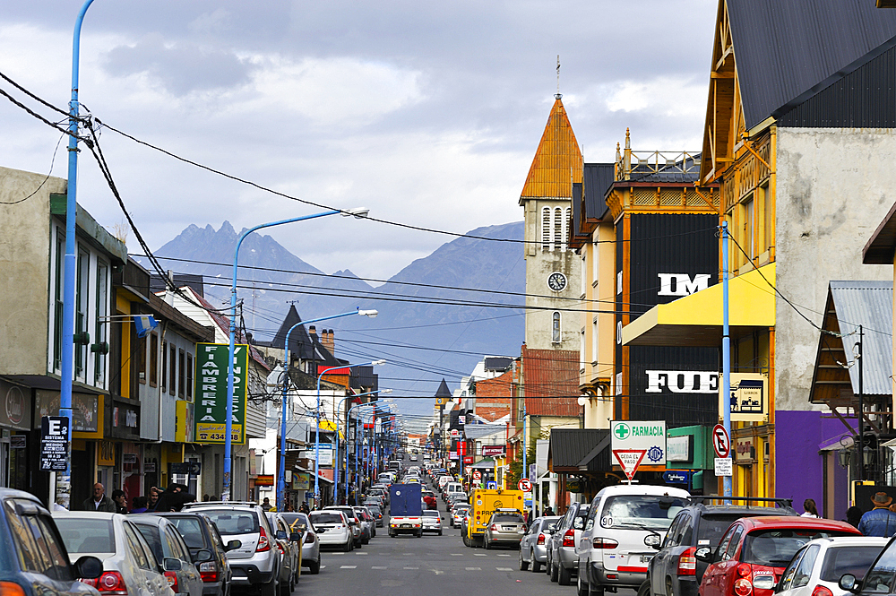 San Martin main street, downtown, Ushuaia, Tierra del Fuego, Patagonia, Argentina, South America