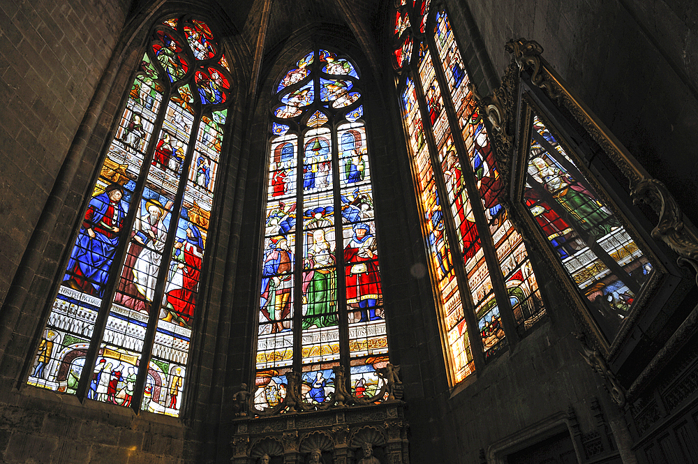 Stained-glass window in the Cathedral Sainte-Marie,masterpiece by the master glazier Arnaud de Moles. Auch.Gers department, Occitanie region, southwest of France,Europe