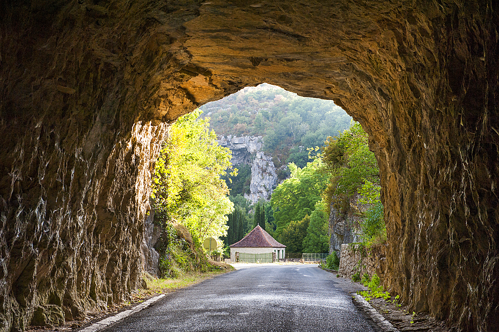 Road tunnel of Lapescalerie in the area of Sauliac-sur-Cele, Cele River valley, Lot department, region of Midi-Pyrenees, Occitanie, southwest of France, Europe