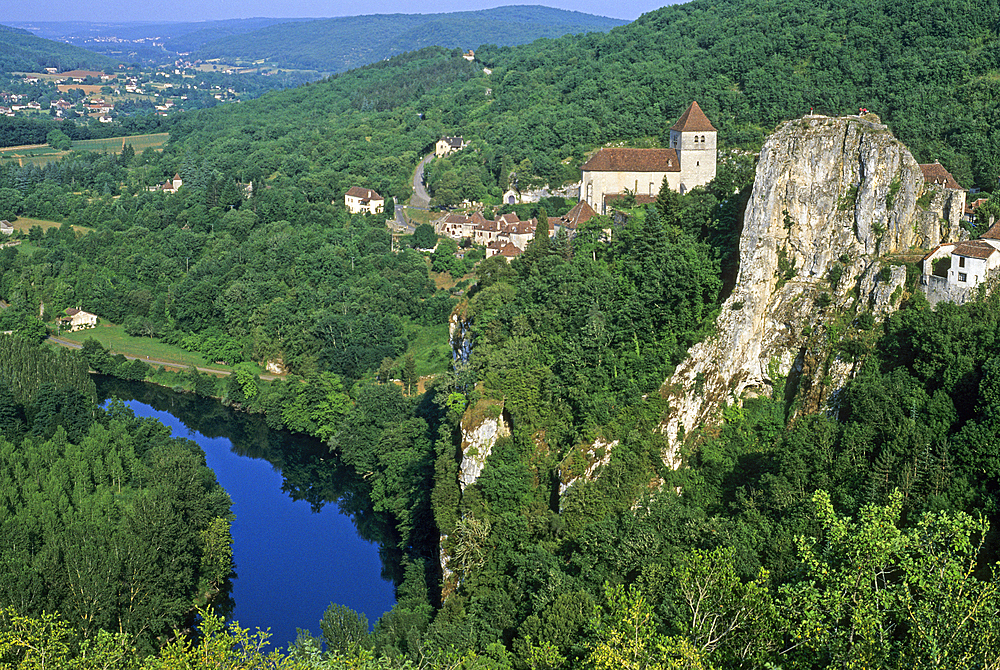 Church of Saint-Cirq-Lapopie overlooking the Lot River valley,Lot department,Midi-Pyrenees region, Occitanie, France, Europe