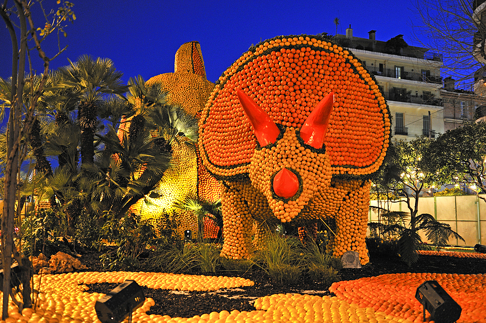 During the festival Fete du Citron,huge sculptures covered with citrus fruits are shown in the Bioves Garden , Menton,French Riviera,Alpes-Maritimes(Maritime Alps) department, Provence-Alpes-Cote d'Azur region, France