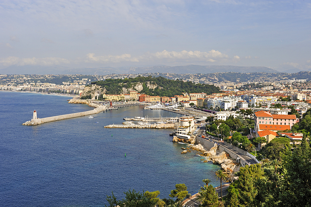 Baie des Anges seen from the Corniche, Nice, Alpes-Maritimes department, Provence-Alpes-Cote d'Azur region, southeast of France, Europe.