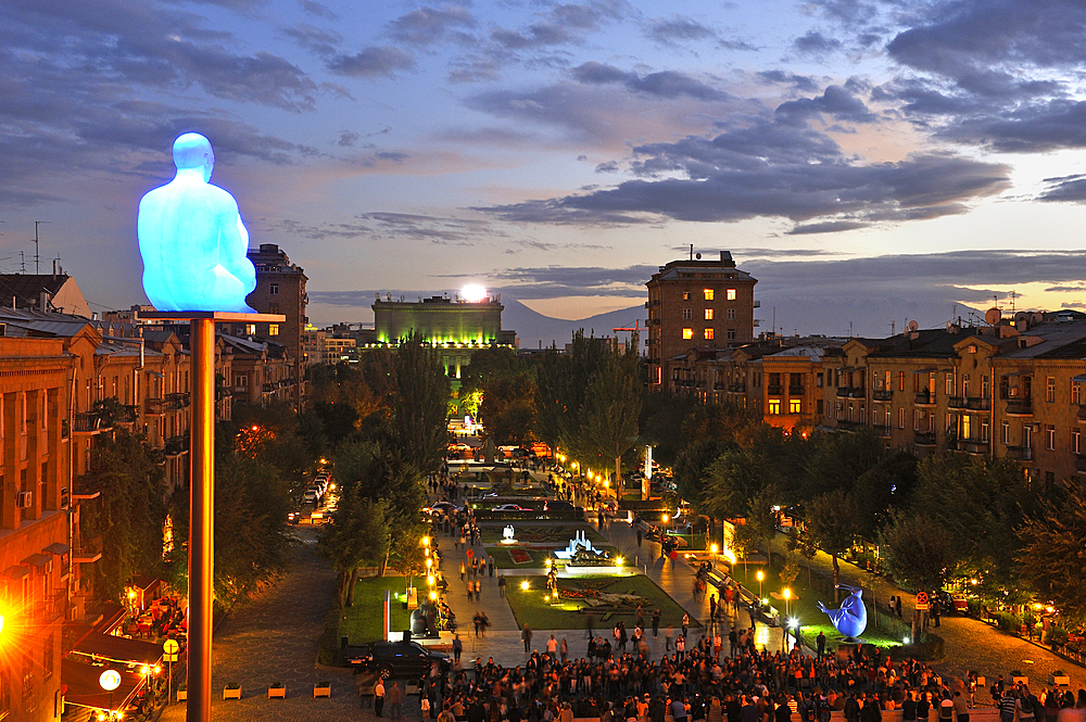 Night view of the Tamanyan from the monumental stairway and garden Cascade with a work by Jaume Plensa in the foreground, Yerevan, Armenia, Eurasia