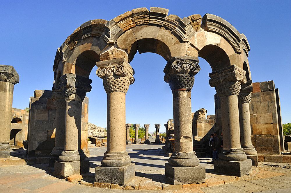 Rebuilt sections of the ruins of Zvarnots Cathedral, located near the city of Vagharshapat (Ejmiatsin), UNESCO World Heritage Site, suburbs of Yerevan, Armenia, Eurasia