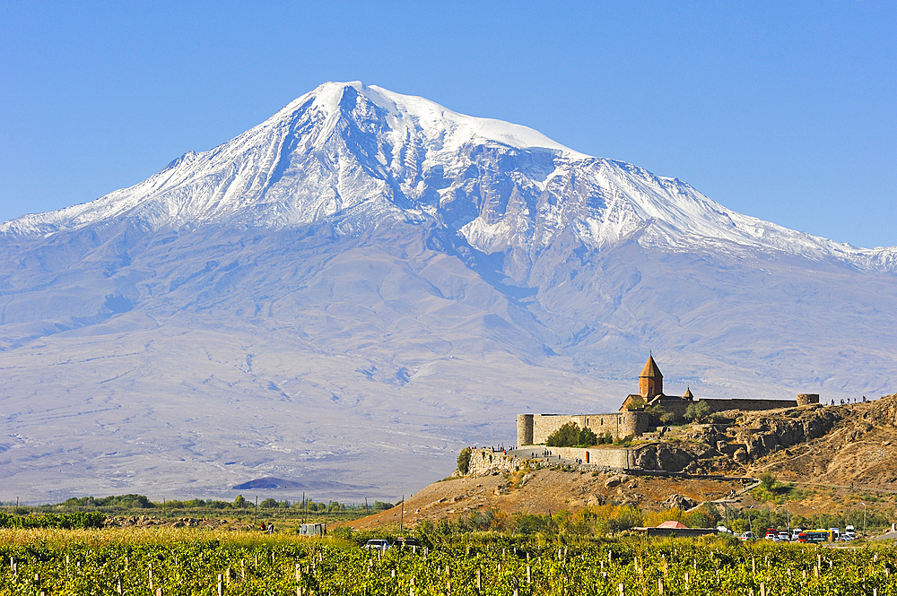 Vineyards in front of Khor Virap Monastery, Ararat plain, Mount Ararat in the background, Artashat, Armenia, Eurasia