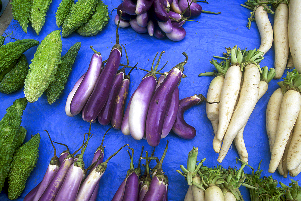 Eggplant, cucumber, and turnip at the Market,Durbar Square,Kathmandu,Nepal,Himalaya,South Asia
