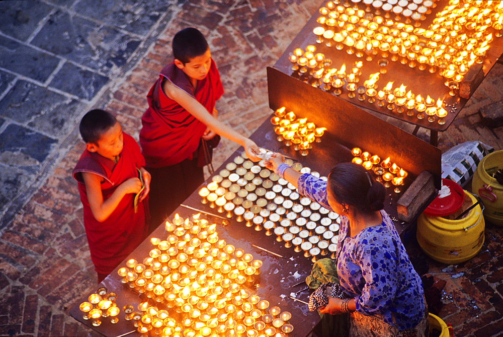 Light offerings at Bodnath Temple,Nepal,Himalaya,South Asia