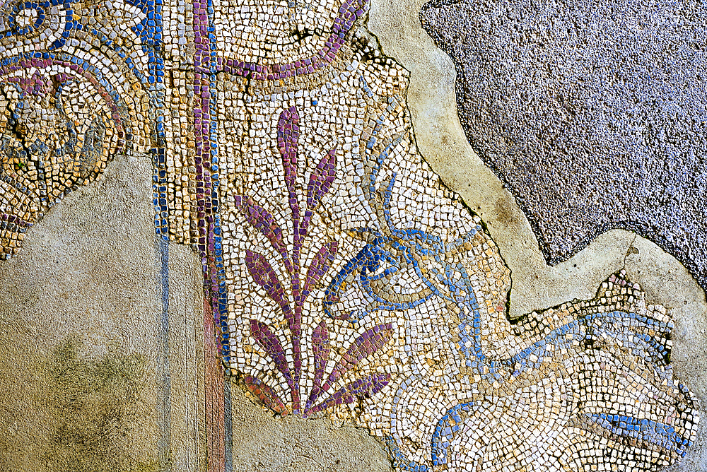 Roman mosaic floor with Byzantine influence, Alcacova, archaeological museum complex in Mertola, Alentejo region, Portugal, southwertern Europe
