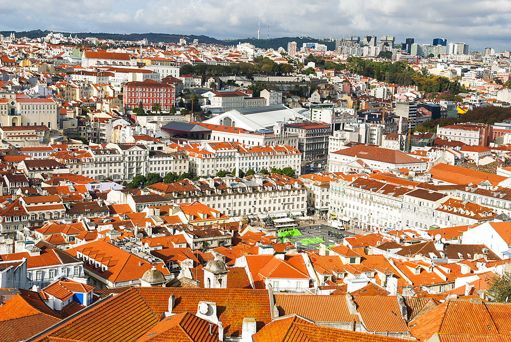 Overview on the Baixa and Chiado district from the Sao Jorge Castle, Lisbon, Portugal, Europe