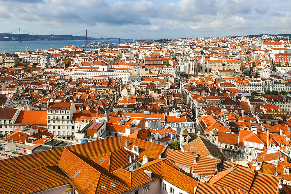 Overview on the Baixa and Chiado district from the Sao Jorge Castle with the Tage river in the background, Lisbon, Portugal, Europe