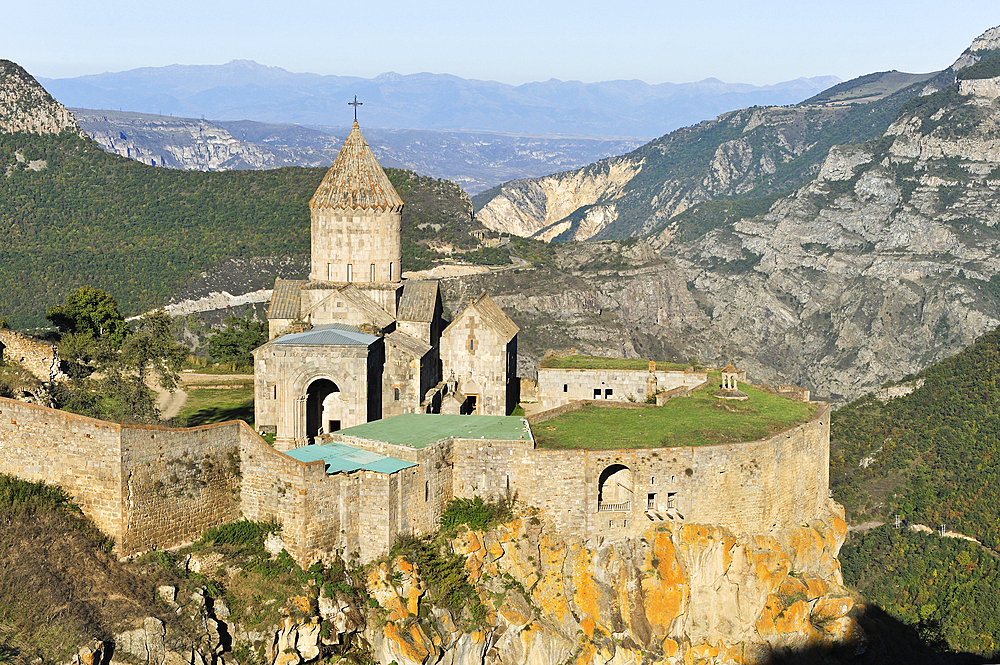 Tatev monastery standing on the edge of a deep gorge of the Vorotan River, Syunik Province in southeastern Armenia, Eurasia