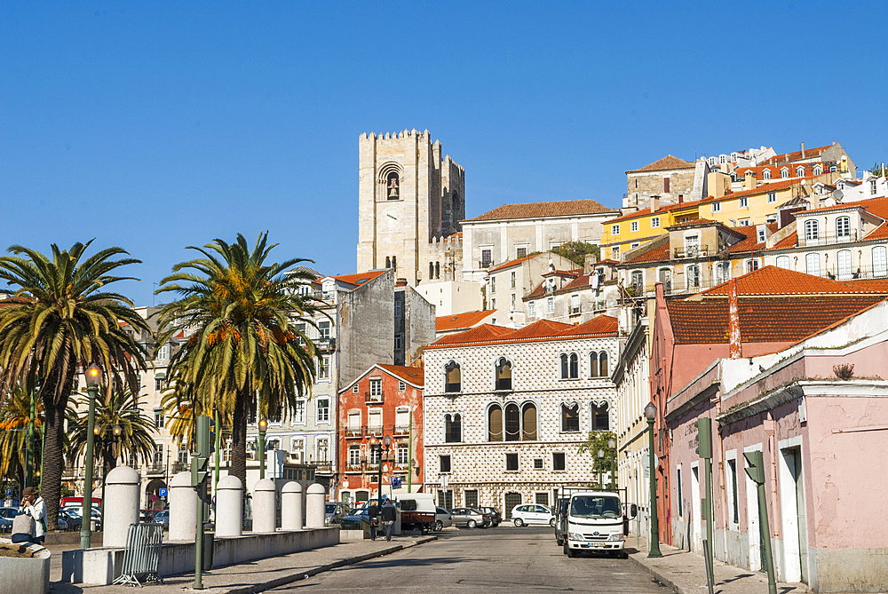 Alfanga street with the Casa dos Bicos and Se Cathedrale background, Lisbon, Portugal, Europe