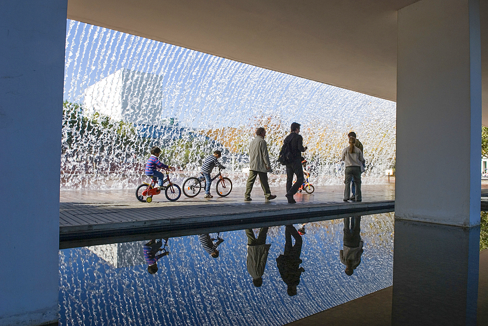 Waterfall at the Parque das Nacoes ( Park of the Nations) a leisure, commercial, and residential area was the location for the Expo '98 World Exhibition in Lisbon, Portugal, Europe