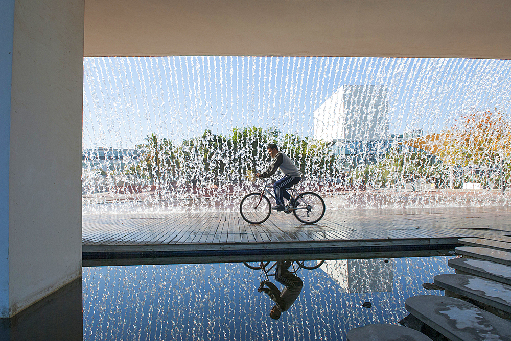 Waterfall at the Parque das Nacoes ( Park of the Nations) a leisure, commercial, and residential area was the location for the Expo '98 World Exhibition in Lisbon, Portugal, Europe
