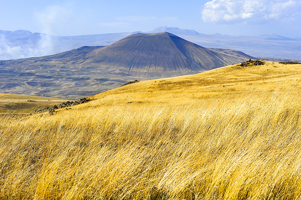 Armaghan volcano in the background, Argitchi plateau, Gegharkunik region, Armenia, Eurasia