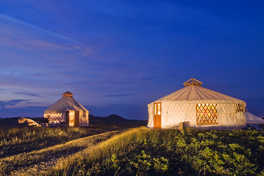 Yurt encampment, Vert et Mer, Ile du Havre aux Maisons, Magdalen Islands, Gulf of Saint Lawrence, Quebec province, Canada, North America