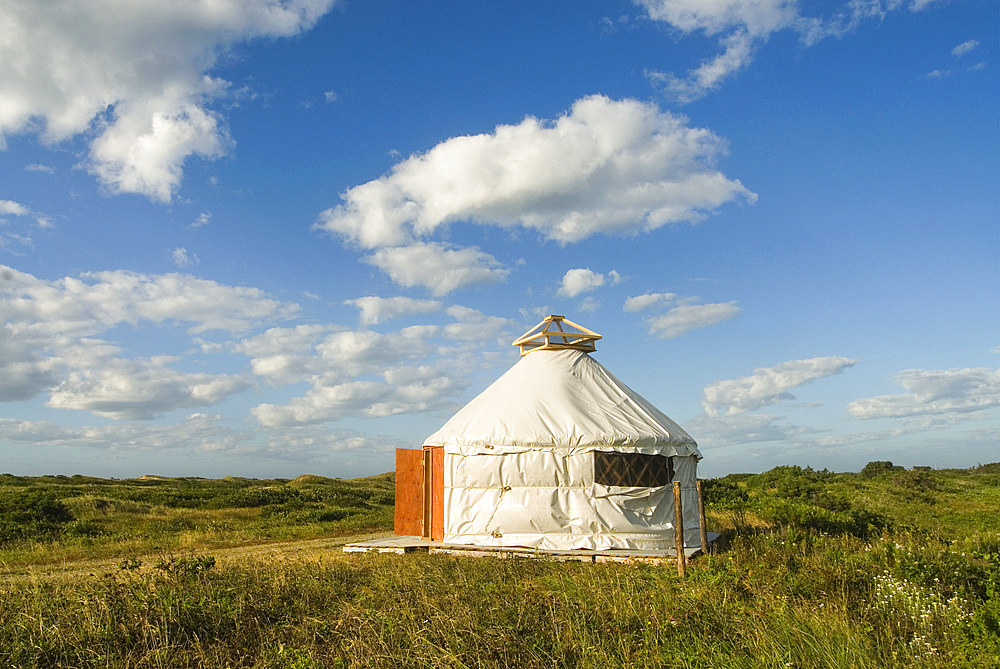 Yurt encampment, Vert et Mer, Ile du Havre aux Maisons, Magdalen Islands, Gulf of Saint Lawrence, Quebec province, Canada, North America