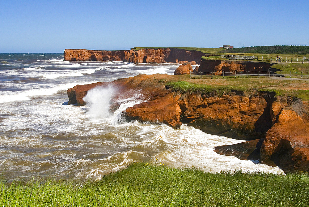 Sandstone cliffs of Belle-Anse, Cap aux Meules island, Magdalen Islands, Gulf of Saint Lawrence, Quebec province, Canada, North America