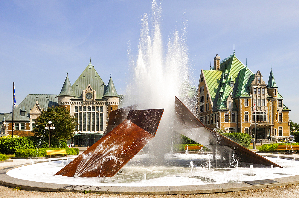 Eclatement II, fountain of Charles Daudelin, in front of the Gare du Palais (Palace Station), Quebec City, Province of Quebec, Canada, North America