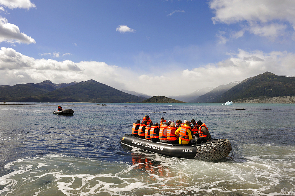 Landing with a zodiac in Ainsworth Bay, Alberto de Agostini National Park, Tierra del Fuego, Patagonia, Chile, South America