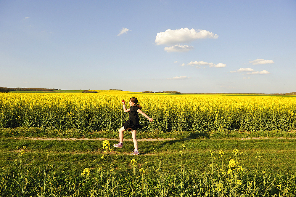 Little girl running in blossoming fields of rapeseed, Senantes, Eure-et-Loir department, Centre region, France, Europe