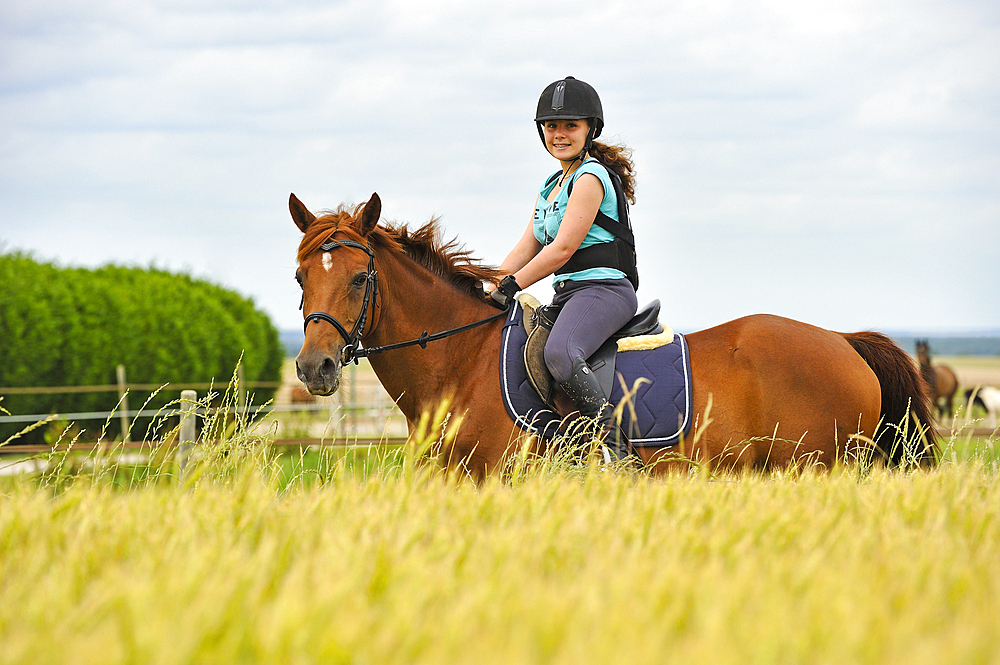 Teenager riding pony in the countryside, Eure et Loir department, region Centre-Val de Loire, France, Europe