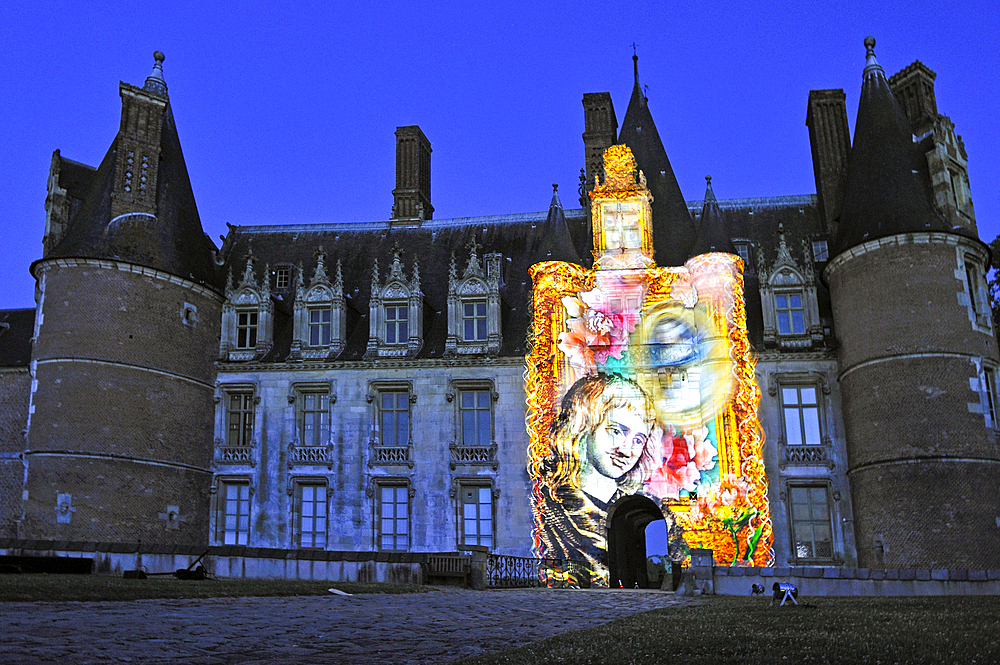 Video art projection titled Madame de Maintenon (the Shadow of Sun), by French artist Xavier de Richemont, at Chateau de Maintenon, Eure et Loir department, Centre region, France, Europe