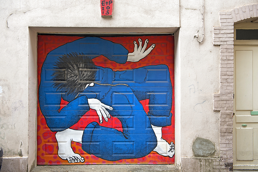 Painting on garage door by Ella and Pitr, street artists, Henri Gonnard street, Saint-Etienne, Loire department, Auvergne-Rhone-Alpes region, France, Europe