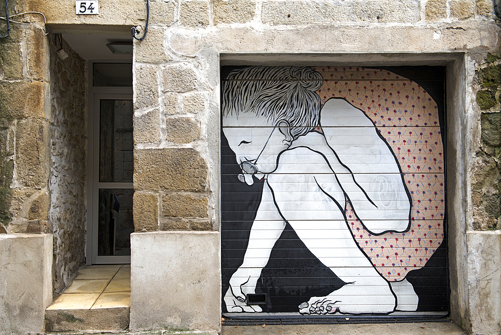 Painting on garage door by Ella and Pitr, street artists, Henri Gonnard street, Saint-Etienne, Loire department, Auvergne-Rhone-Alpes region, France, Europe