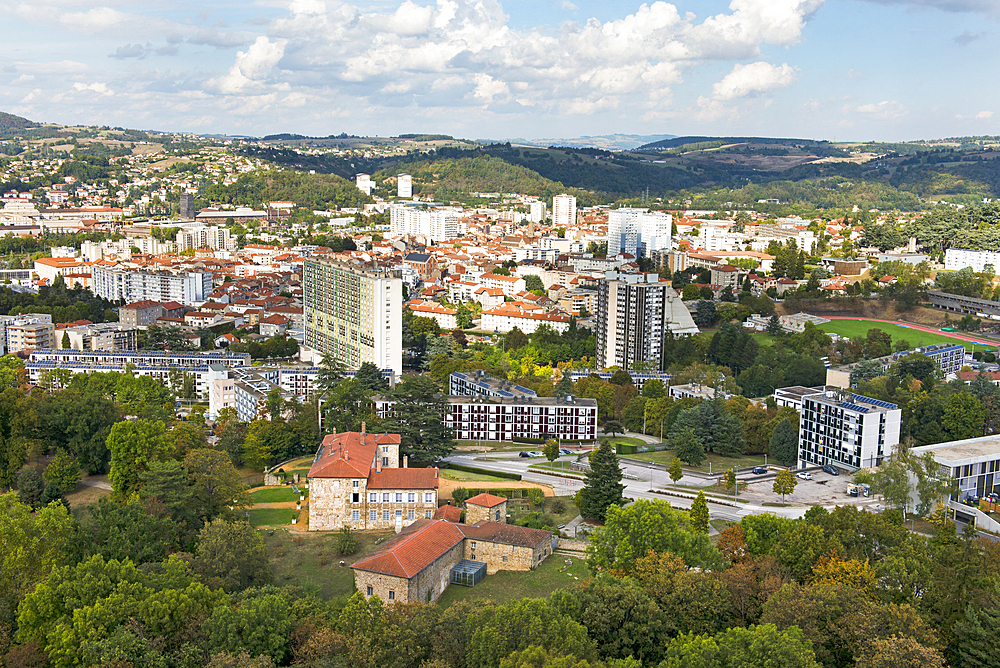 Overview of Firminy from the top of the Unite d'habitation, Le Corbusier site, Firminy, Saint-Etienne, Loire department, Auvergne-Rhone-Alpes region, France, Europe