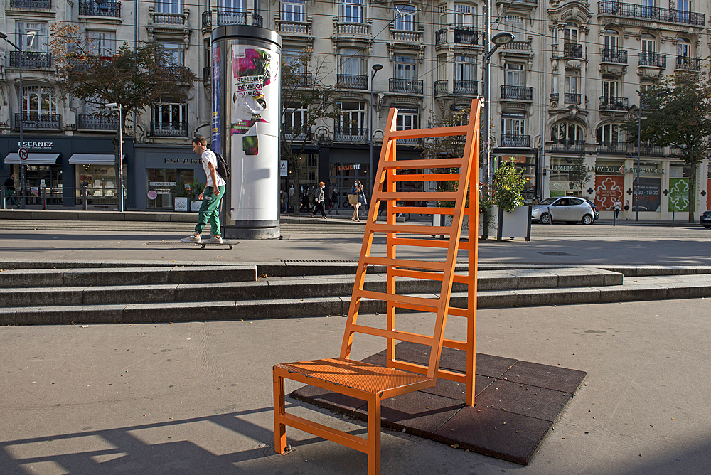 Banc d'essai (Test Bench) by designer Kamel Secraoui, company KLD Design, elected during the International Design Biennial, Avenue de la Liberation, Saint-Etienne, Loire department, Auvergne-Rhone-Alpes region, France, Europe