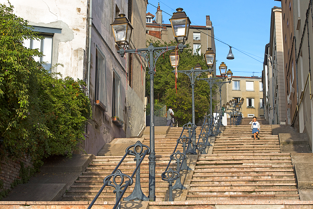 Steep flight of steps of Cret du Roc, Saint-Etienne, Loire department, Auvergne-Rhone-Alpes region, France, Europe