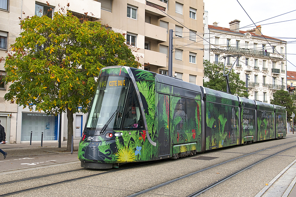 The tramway designed by Deborah-Lois Sery and Cecile Van Der Hagen, students at Esadse and winners of the STAS contest Un tramway named design 2019, Saint-Etienne, Loire department, Auvergne-Rhone-Alpes region, France, Europe