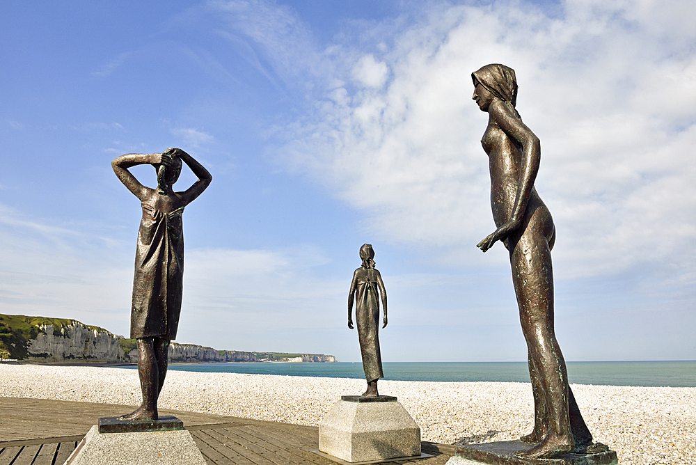 Bronze sculpture titled L'Heure du Bain by Dominique Denry, on the beach at Fecamp, Seine-Maritime department, Normandy region, France, Europe