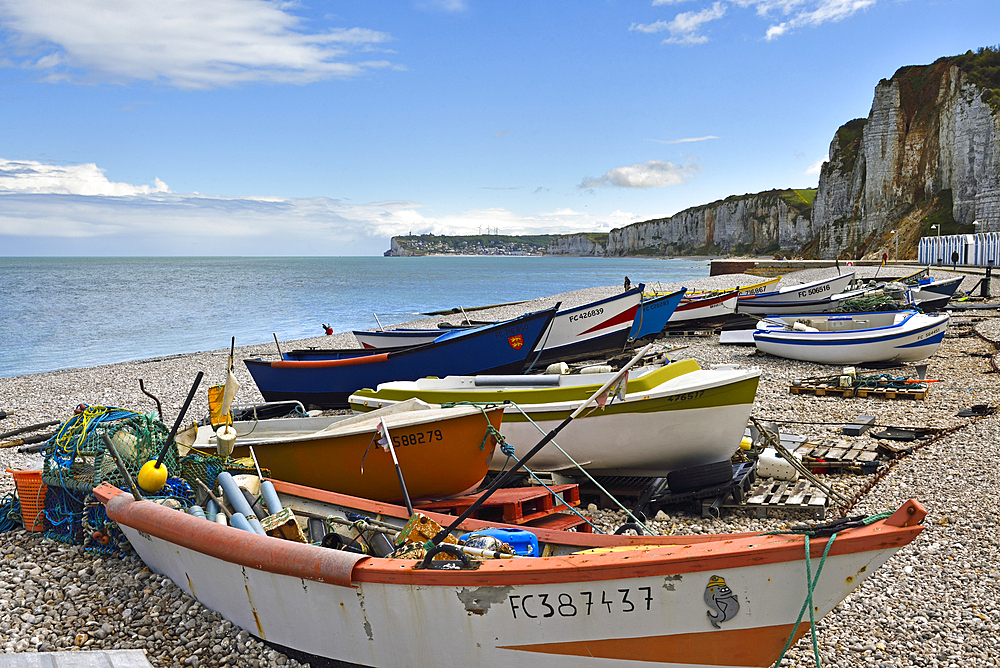 Fishing boats on the pebbly beach at Yport, Seine-Maritime department, Normandy region, France, Europe